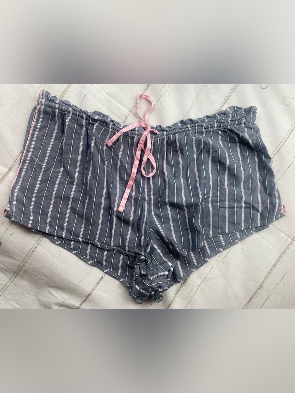 Victoria's Secret Pink and Grey Stripe Sleep Shorts with Pink Drawstring